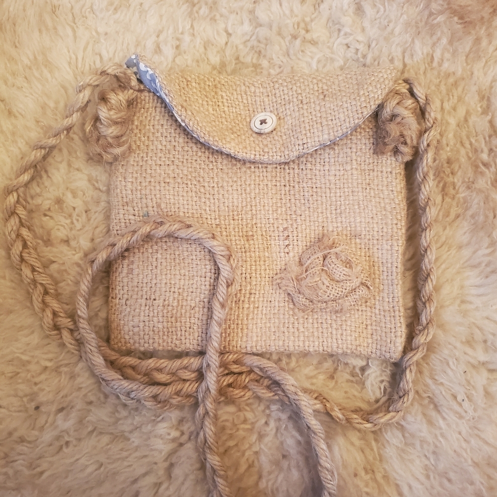 Hand-made burlap purse with braided strap